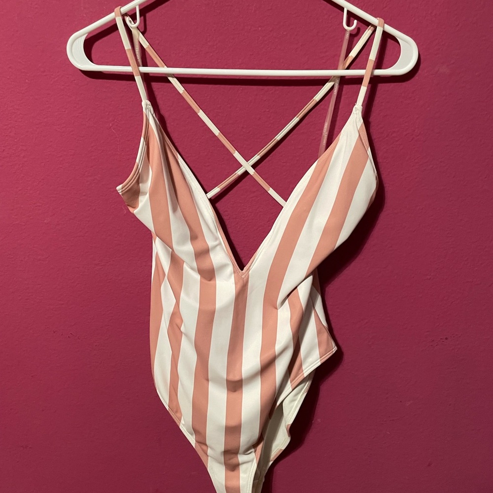 Pink and White One Piece Swimsuit with High-Leg Cut